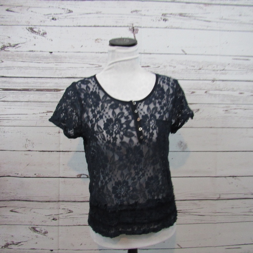 Hollister navy blue lace ruffled top